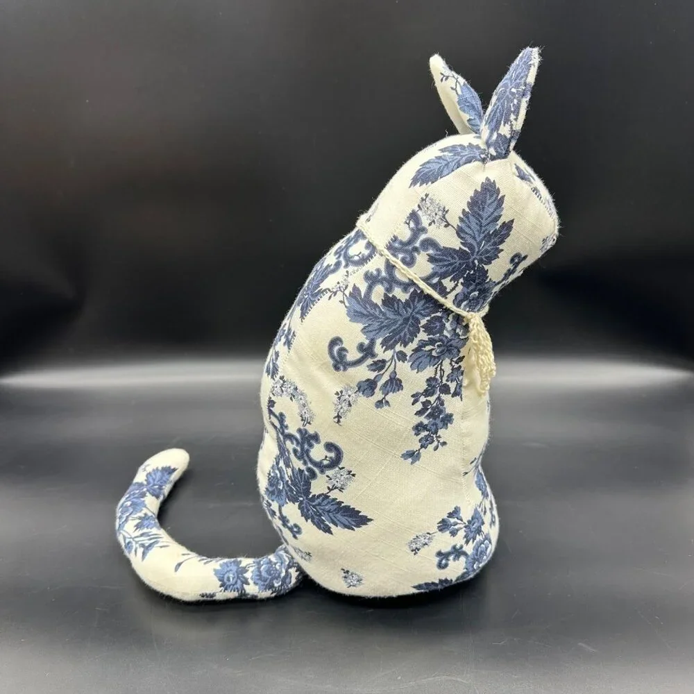 Handmade Stuffed Cat Blue White Floral Fabric Kitty Decorative Retro Flowers - Picture 5 of 8